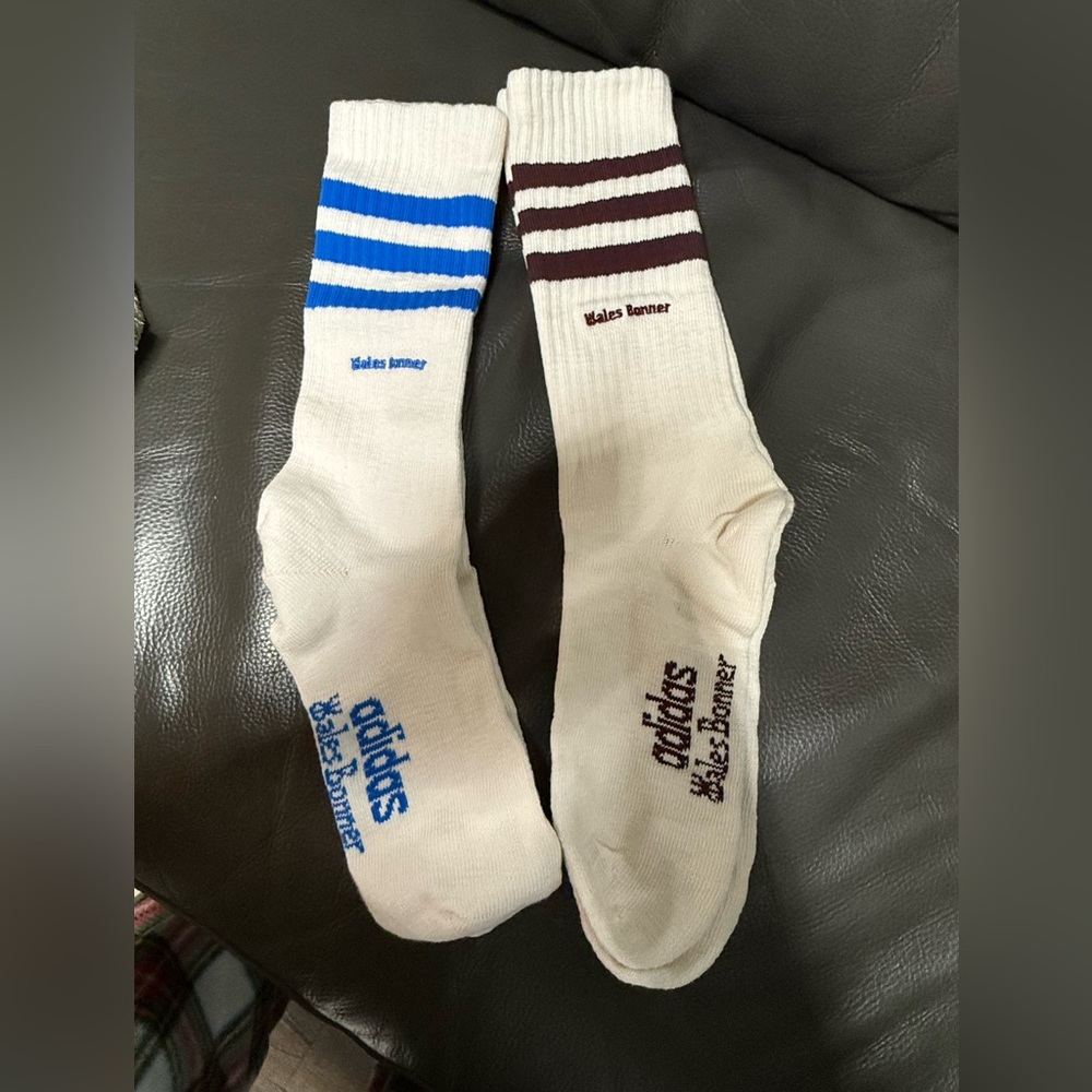 2 Pairs of Adidas Whales Bonner Men's Cream Socks with Blue and Brown Stripes